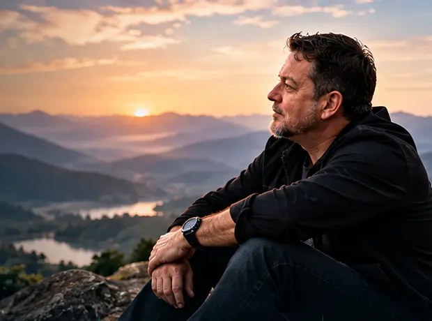 Noah overlooking mountains at sunrise